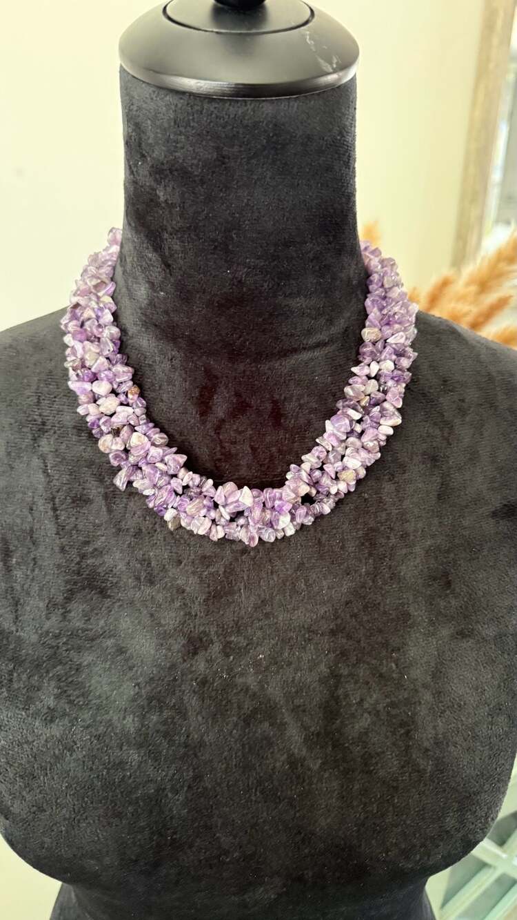 Multi-Strand Amethyst Chip Bead Statement Necklace with Toggle Clasp